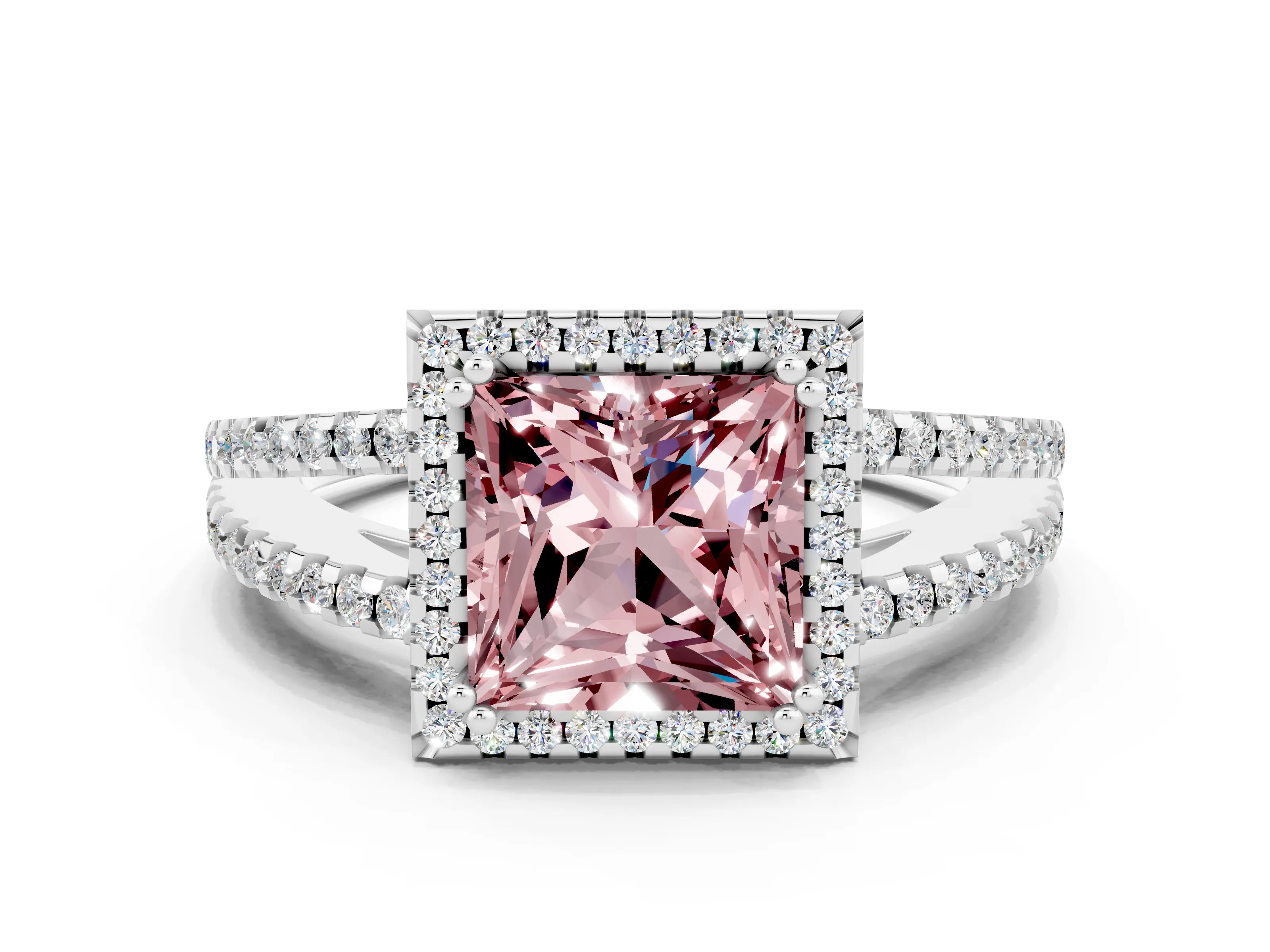 White gold Princess Cut Morganite Halo Split Shank Engagement Ring_12
