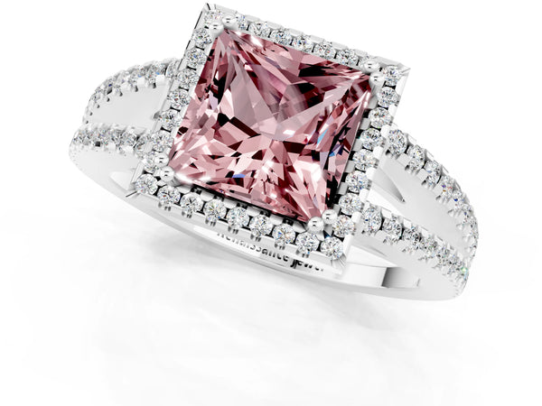 Silver Princess Cut Morganite Halo Split Shank Engagement Ring