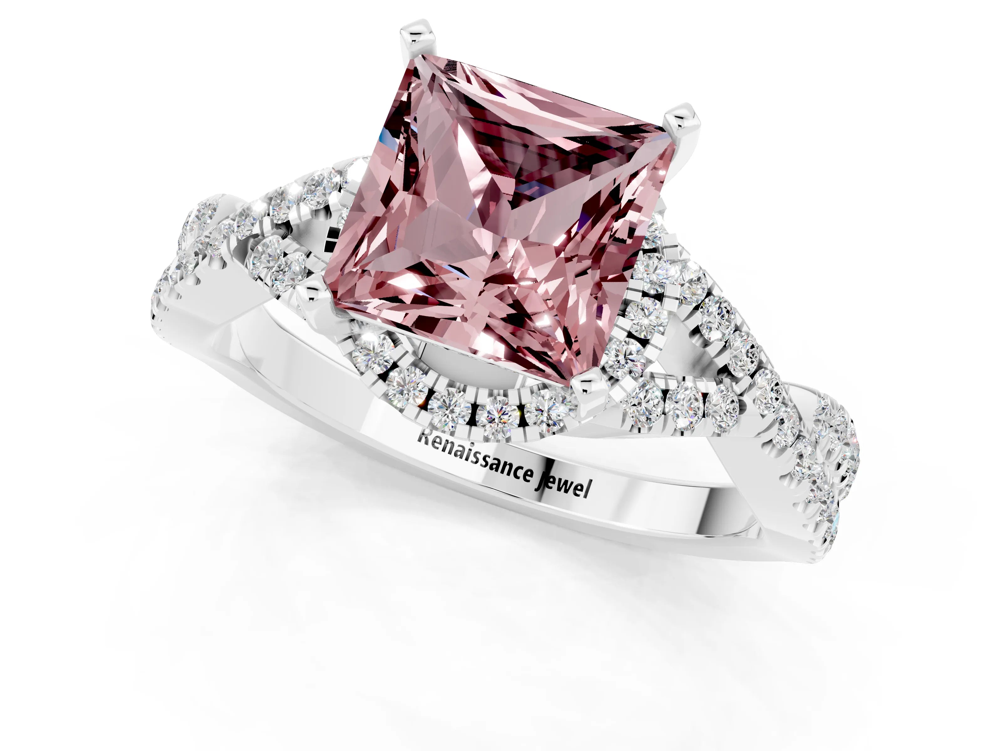 White gold Princess Cut Morganite Halo Twist Band Solitaire Prong Setting Ring_1