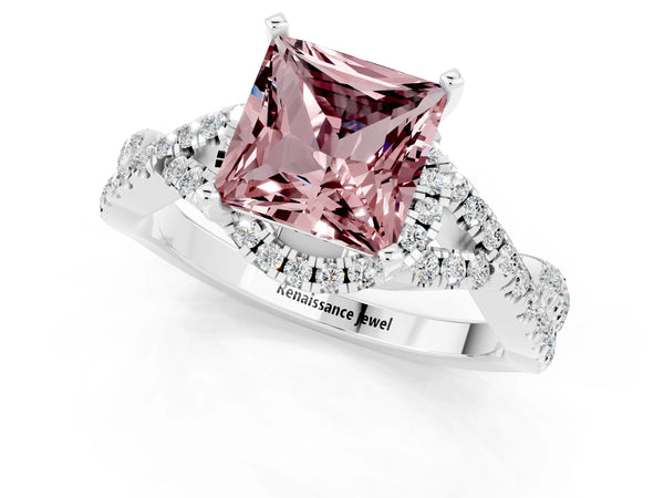 Silver Princess Cut Morganite  Halo Twist Band Solitaire Prong Setting Ring