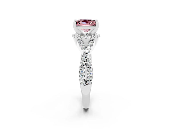 White gold Princess Cut Morganite  Halo Twist Band Solitaire Prong Setting Ring