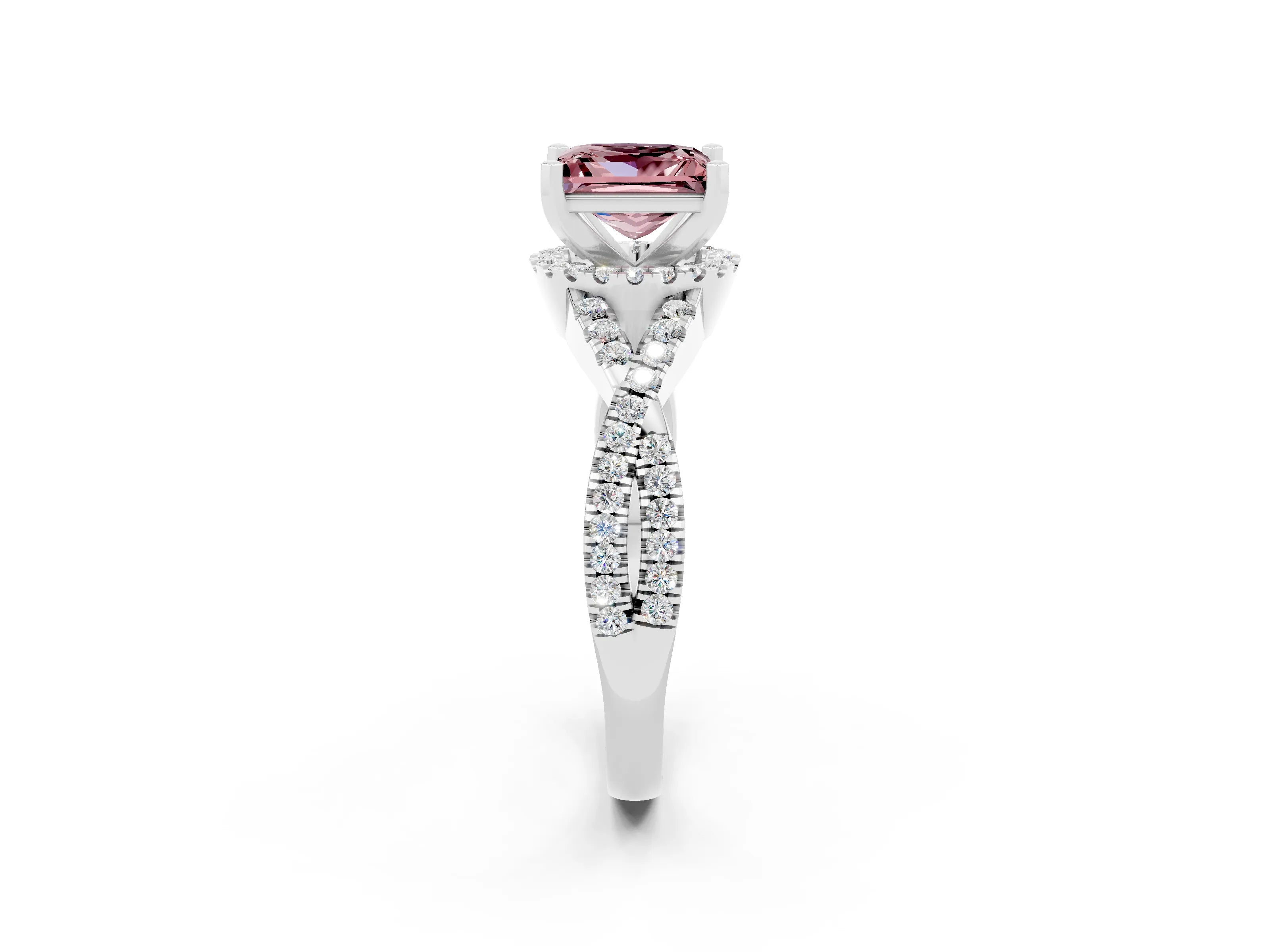 White gold Princess Cut Morganite Halo Twist Band Solitaire Prong Setting Ring_2