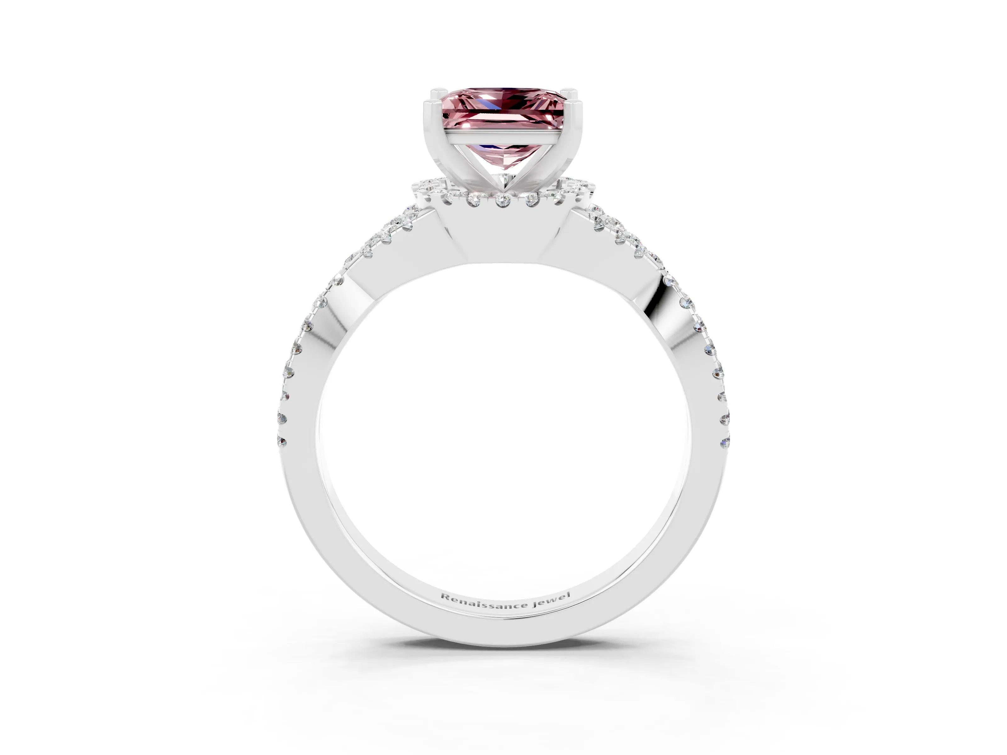 White gold Princess Cut Morganite Halo Twist Band Solitaire Prong Setting Ring_3