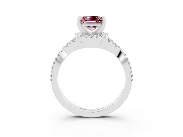 Silver Princess Cut Morganite  Halo Twist Band Solitaire Prong Setting Ring