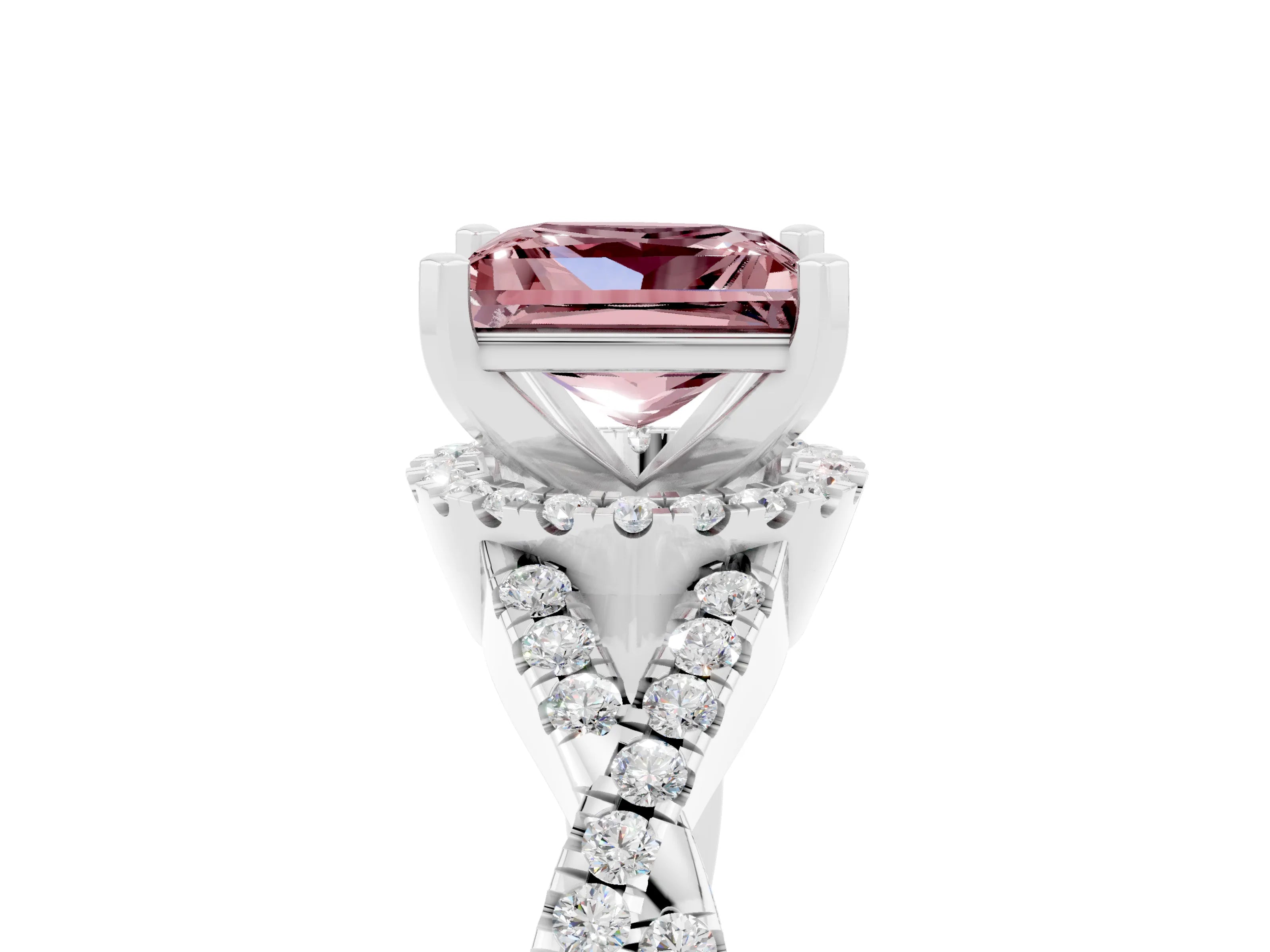 White gold Princess Cut Morganite Halo Twist Band Solitaire Prong Setting Ring_5