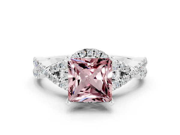 Silver Princess Cut Morganite  Halo Twist Band Solitaire Prong Setting Ring