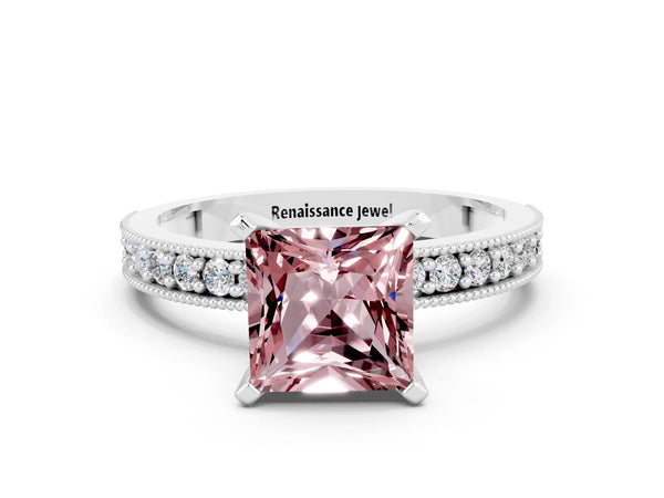 Silver Princess Cut Morganite Milgrain Pavé Engagement Ring with Four-Prong Setting