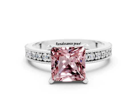 White gold Princess Cut Morganite Milgrain Pavé Engagement Ring with Four-Prong Setting_12