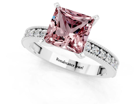 White gold Princess Cut Morganite Milgrain Pavé Engagement Ring with Four-Prong Setting_13