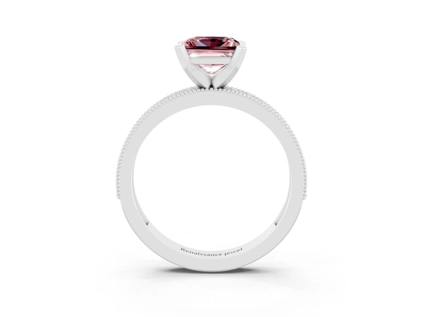 White gold Princess Cut Morganite Milgrain Pavé Engagement Ring with Four-Prong Setting