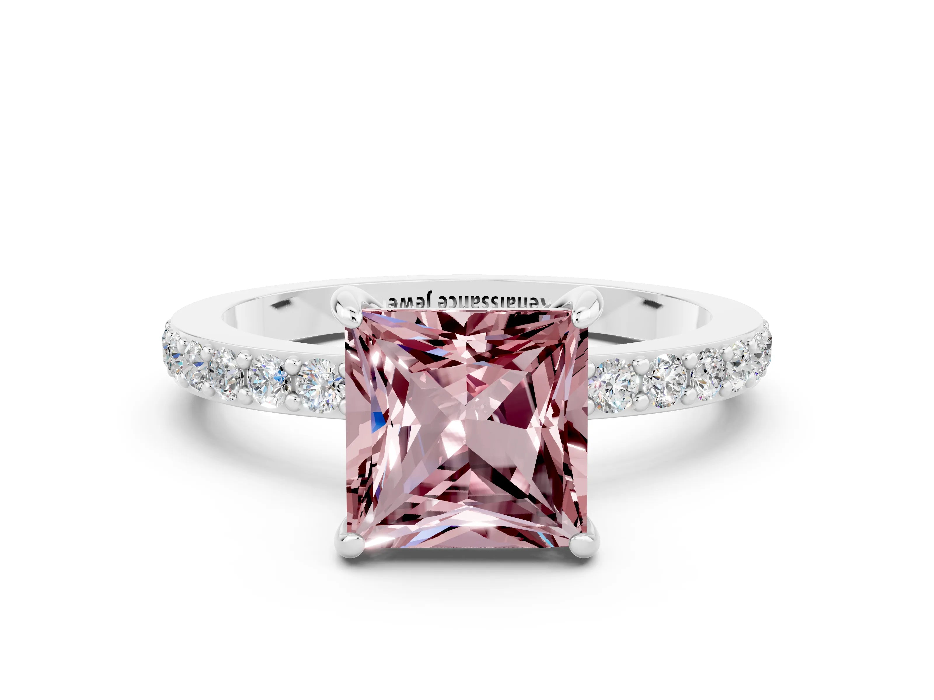 White gold Princess Cut Morganite Pavé Engagement Ring with Round  Accents and Prong Setting_24