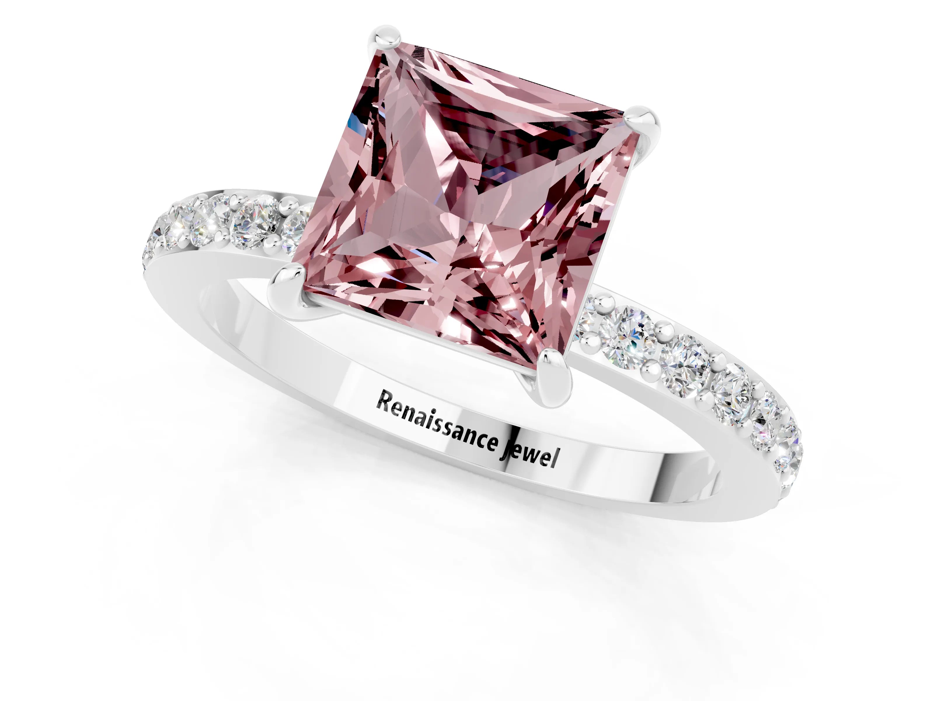 White gold Princess Cut Morganite Pavé Engagement Ring with Round  Accents and Prong Setting_25