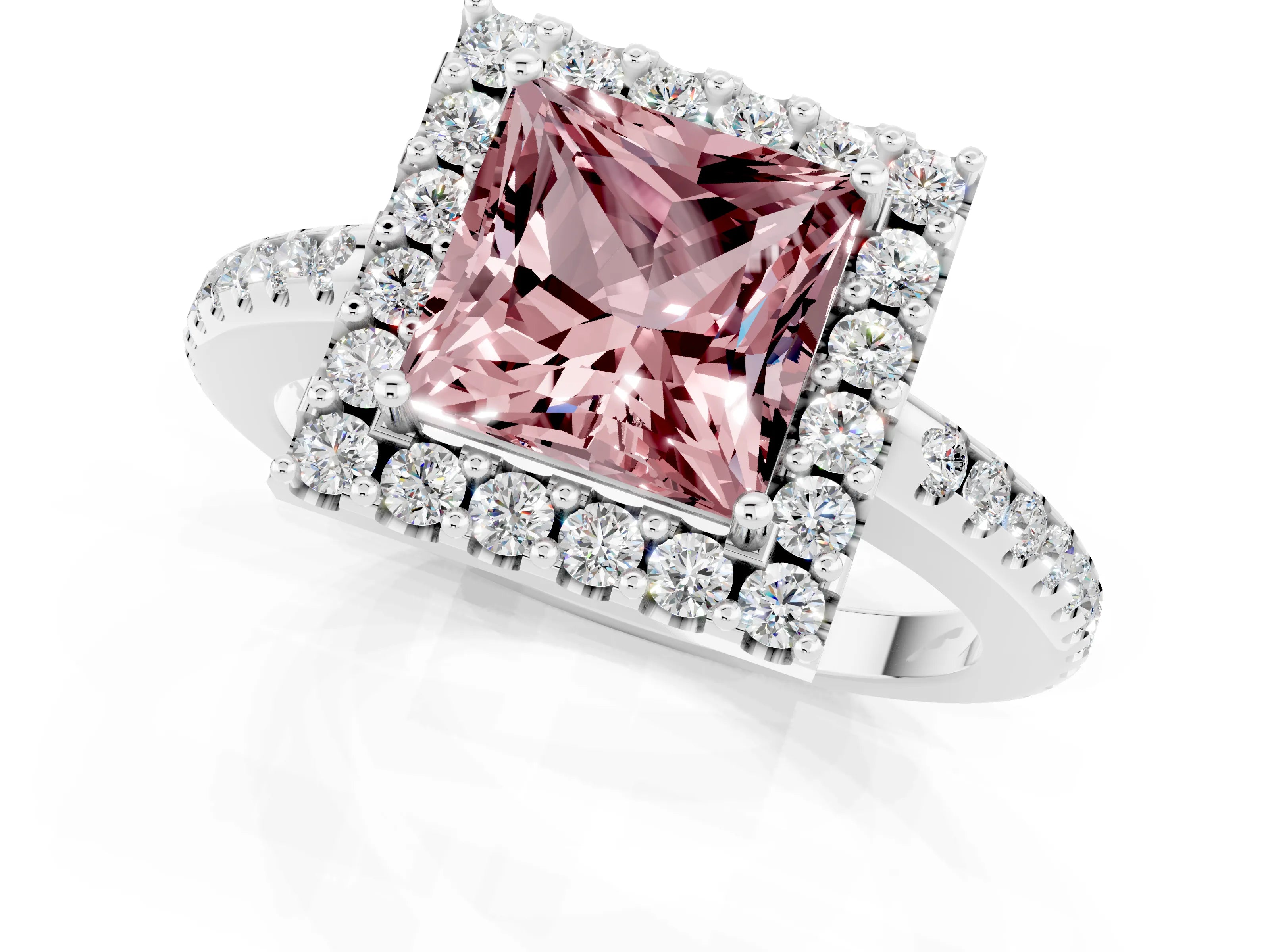 White gold Princess Cut Morganite Pavé Halo Ring with Four-Prong Setting_13