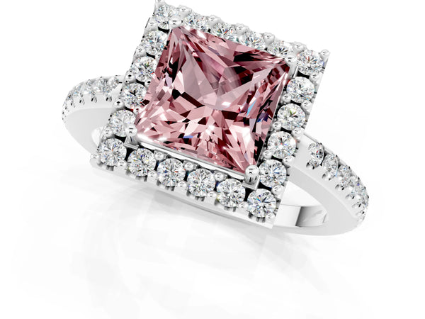 White gold Princess Cut Morganite Pavé Halo Ring with Four-Prong Setting
