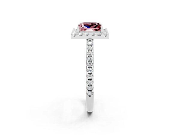 Silver Princess Cut Morganite Pavé Halo Ring with Four-Prong Setting