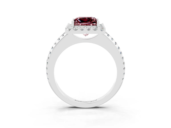 White gold Princess Cut Morganite Pavé Halo Ring with Four-Prong Setting