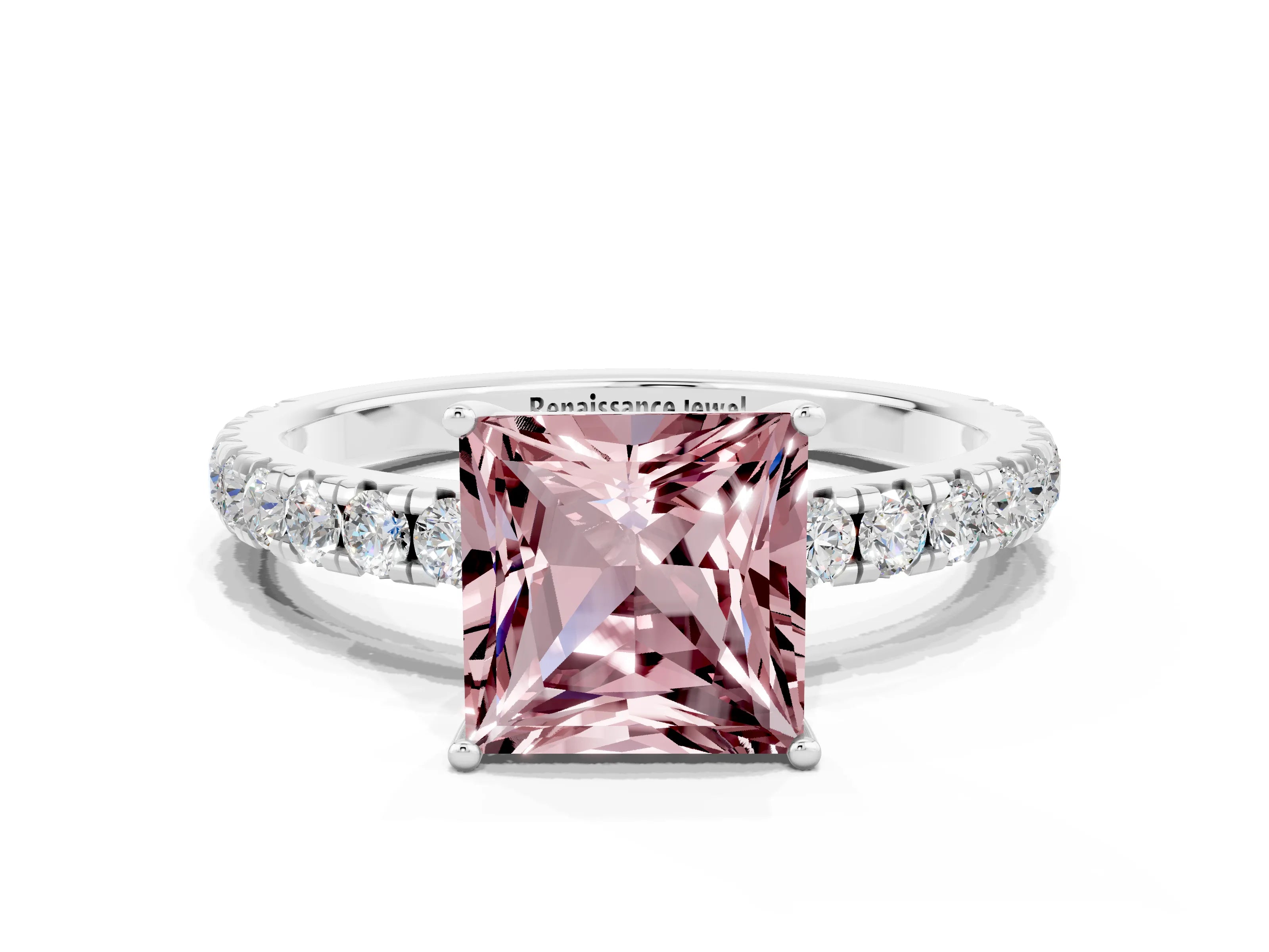 White gold Princess Cut Morganite Pavé Solitaire Engagement Ring with Four-Prong Setting_12
