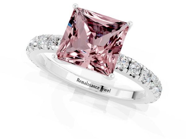 Platinum Princess Cut Morganite Pavé Solitaire Engagement Ring with Four-Prong Setting