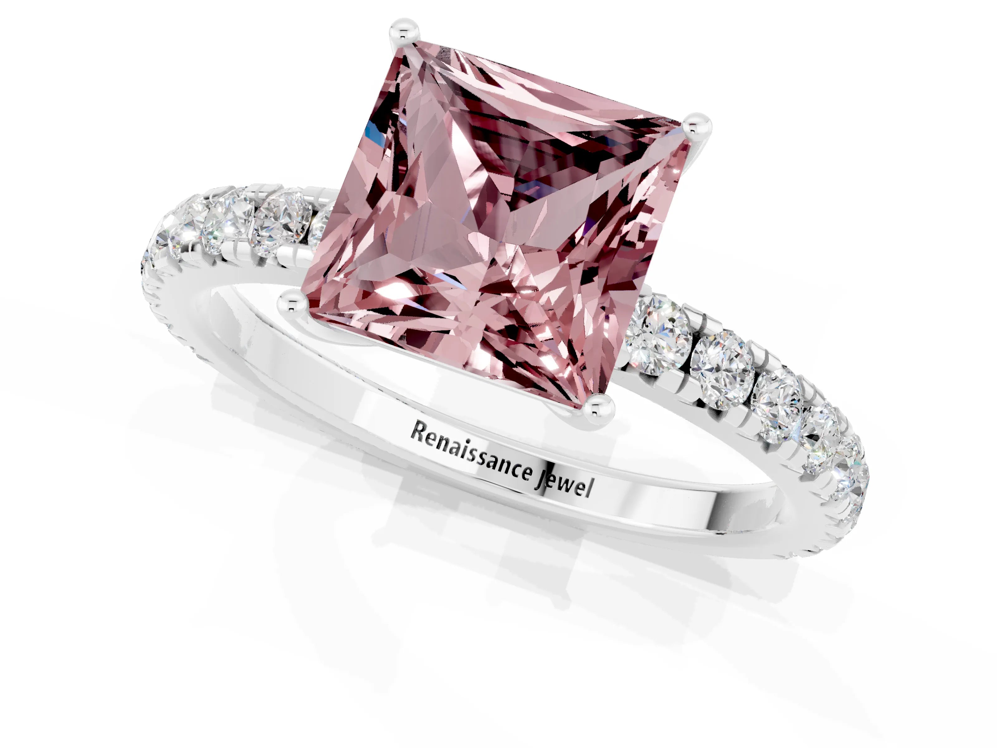 White gold Princess Cut Morganite Pavé Solitaire Engagement Ring with Four-Prong Setting_13