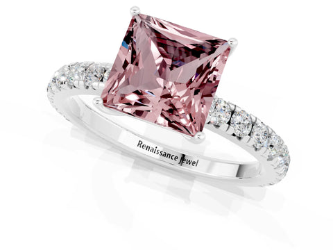 White gold Princess Cut Morganite Pavé Solitaire Engagement Ring with Four-Prong Setting_13