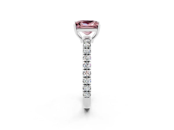 Silver Princess Cut Morganite Pavé Solitaire Engagement Ring with Four-Prong Setting