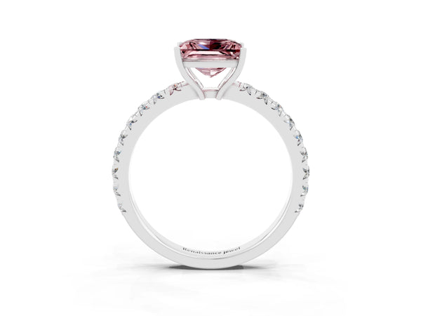 White gold Princess Cut Morganite Pavé Solitaire Engagement Ring with Four-Prong Setting