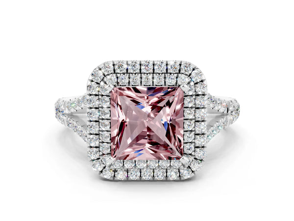 Platinum Princess Cut Morganite Pavé Split Shank Double Halo Engagement Ring