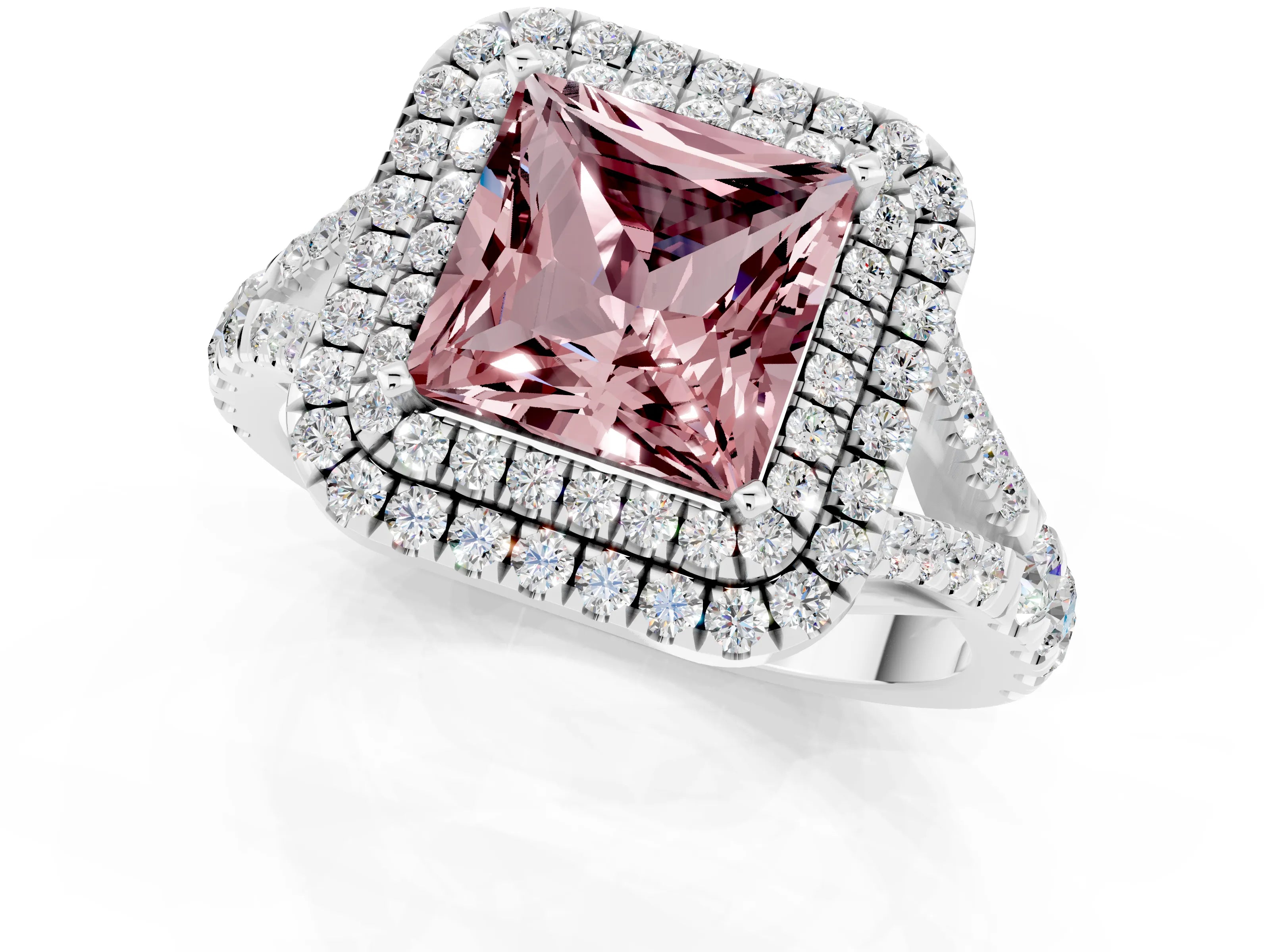 White gold Princess Cut Morganite Pavé Split Shank Double Halo Engagement Ring_1