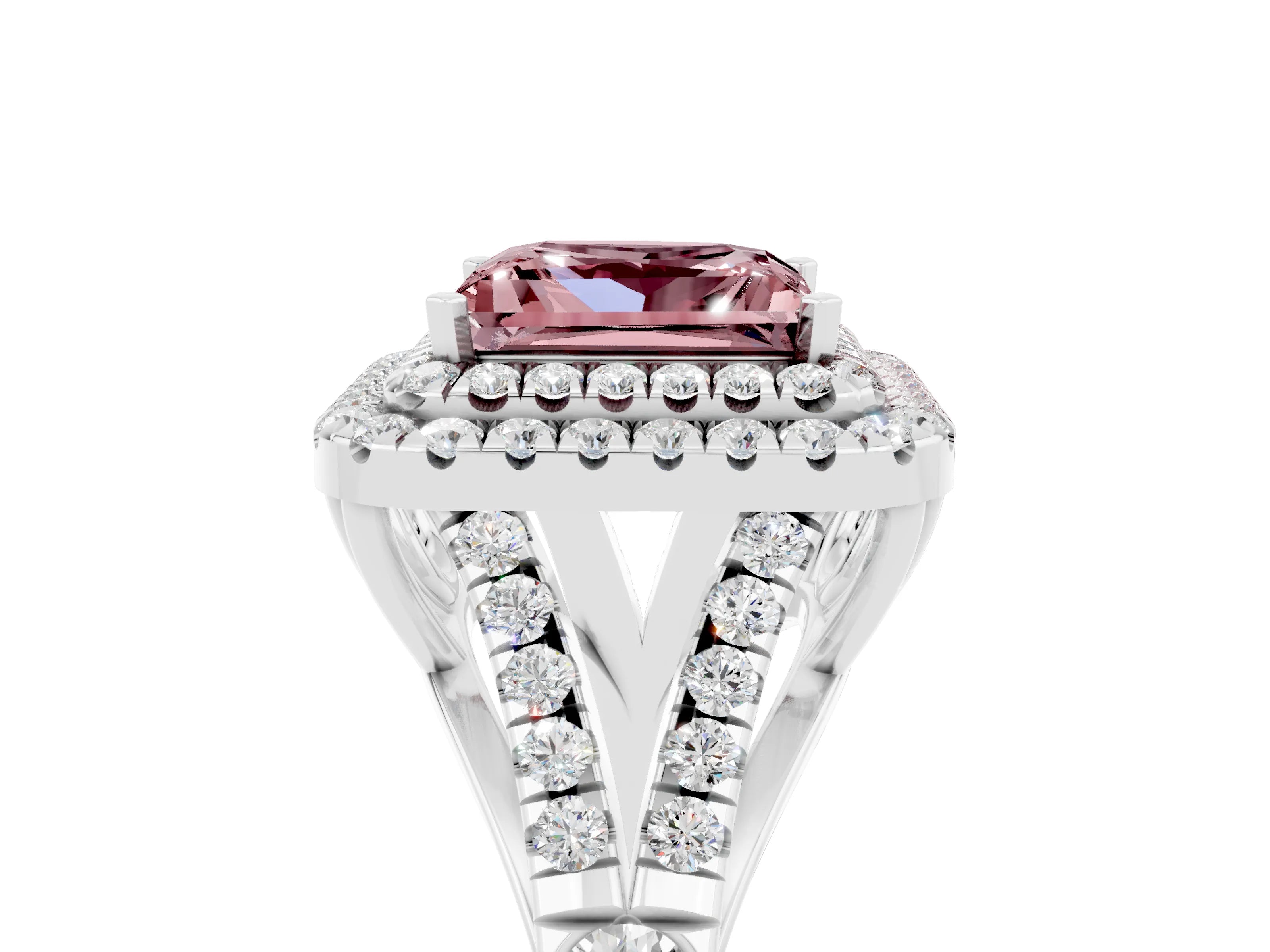 White gold Princess Cut Morganite Pavé Split Shank Double Halo Engagement Ring_5