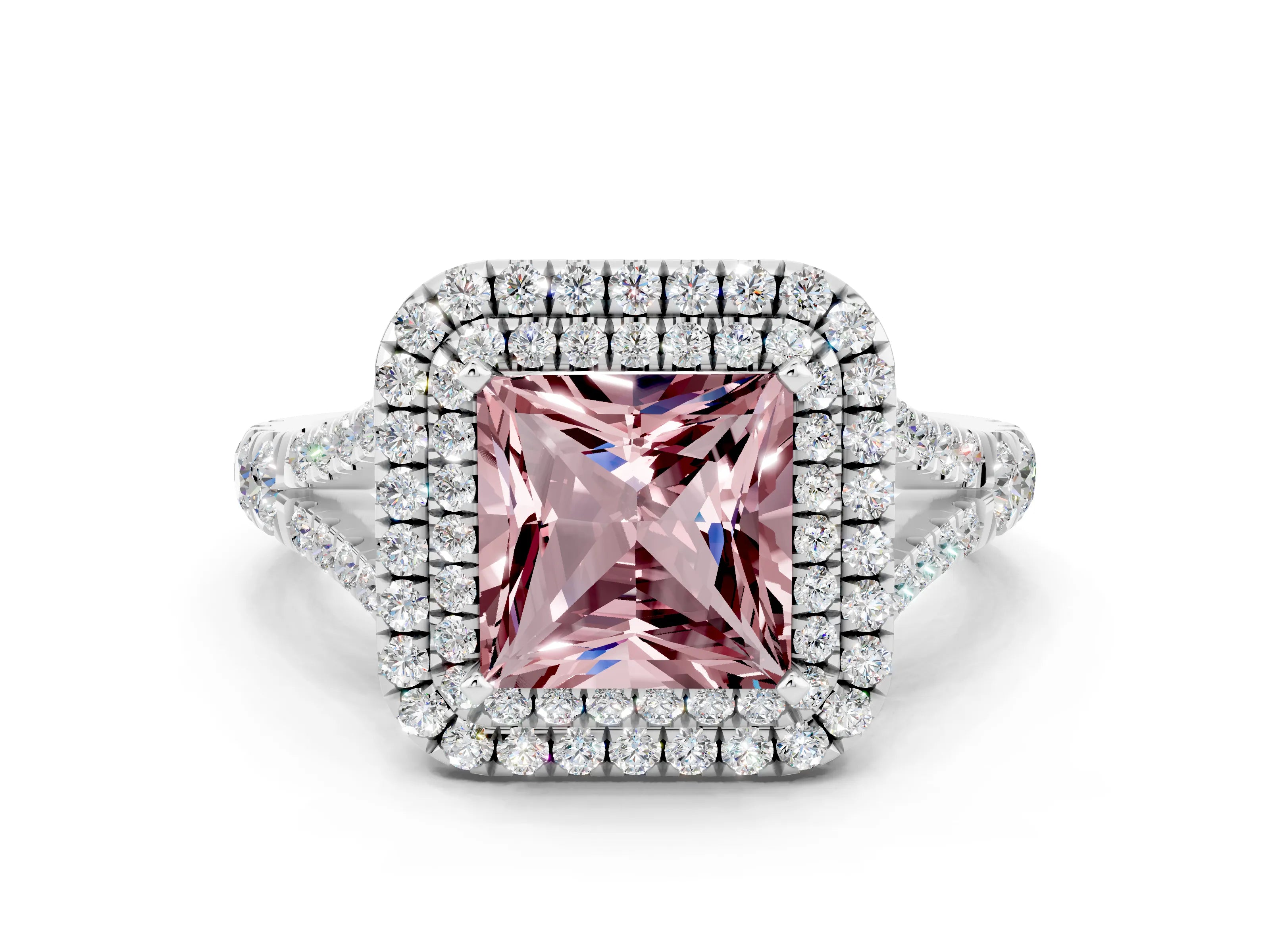 White gold Princess Cut Morganite Pavé Split Shank Double Halo Engagement Ring