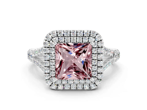 White gold Princess Cut Morganite Pavé Split Shank Double Halo Engagement Ring