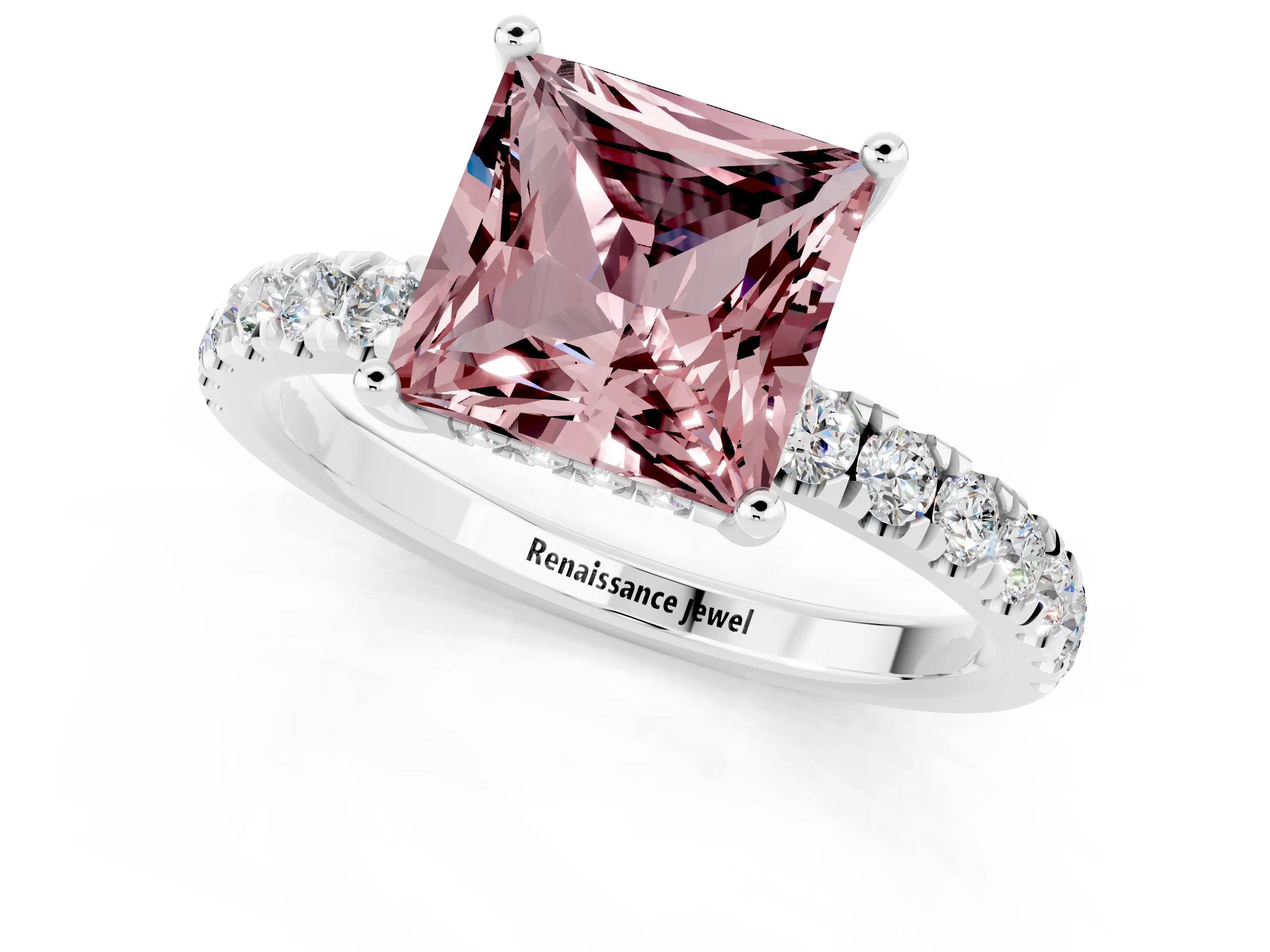 White gold Princess Cut Morganite Pave Band Solitaire Ring with Four-Prong Setting_25