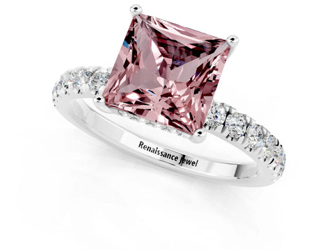 White gold Princess Cut Morganite Pave Band Solitaire Ring with Four-Prong Setting_25