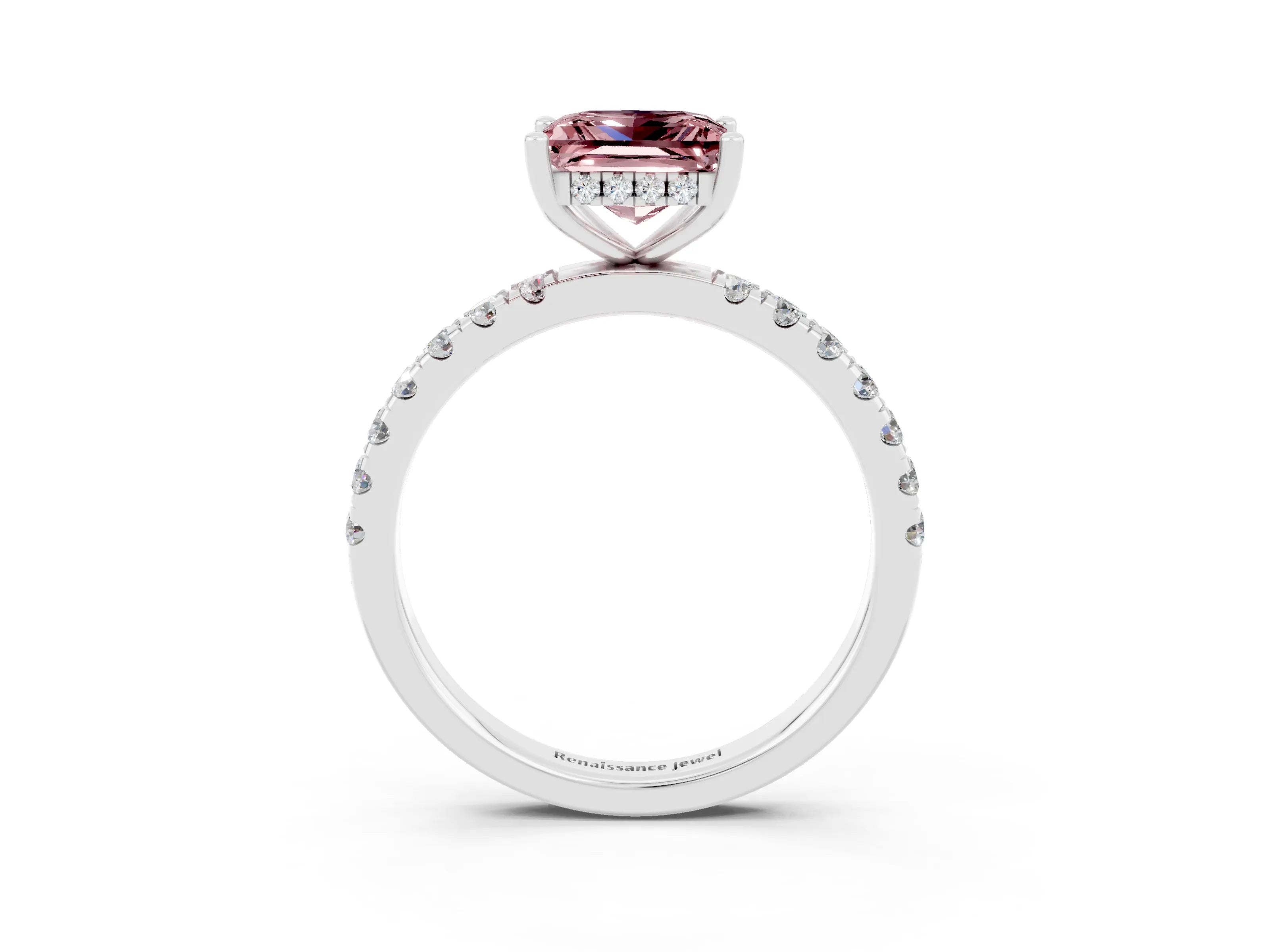 White gold Princess Cut Morganite Pave Band Solitaire Ring with Four-Prong Setting_27