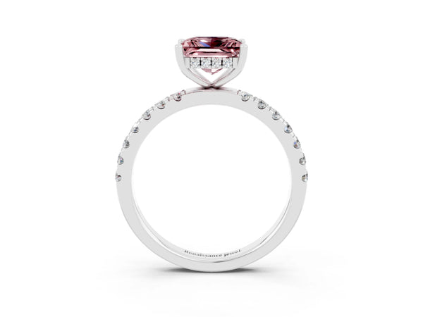 Silver Princess Cut Morganite Pave Band Solitaire Ring with Round  and Prong Setting