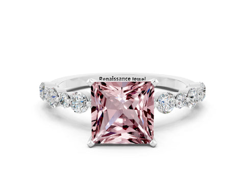 White gold Princess Cut Morganite Prong Set Engagement Ring with Pavé Band