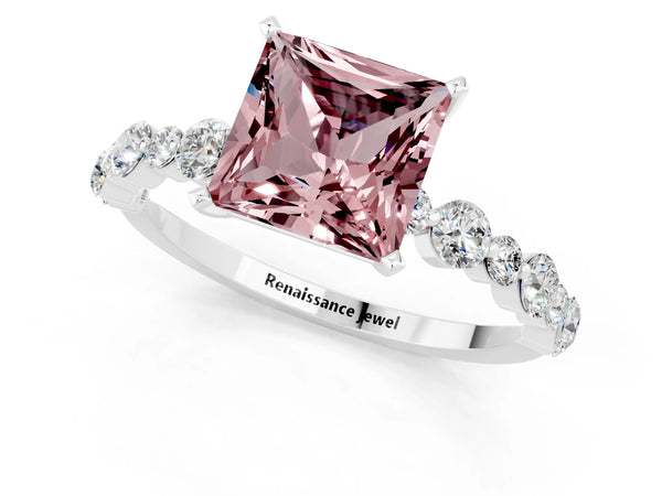 Silver Princess Cut Morganite Prong Set Engagement Ring with Pavé Band