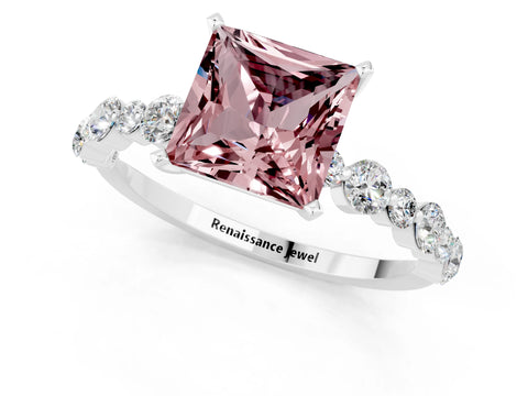 White gold Princess Cut Morganite Prong Set Engagement Ring with Pavé Band_1