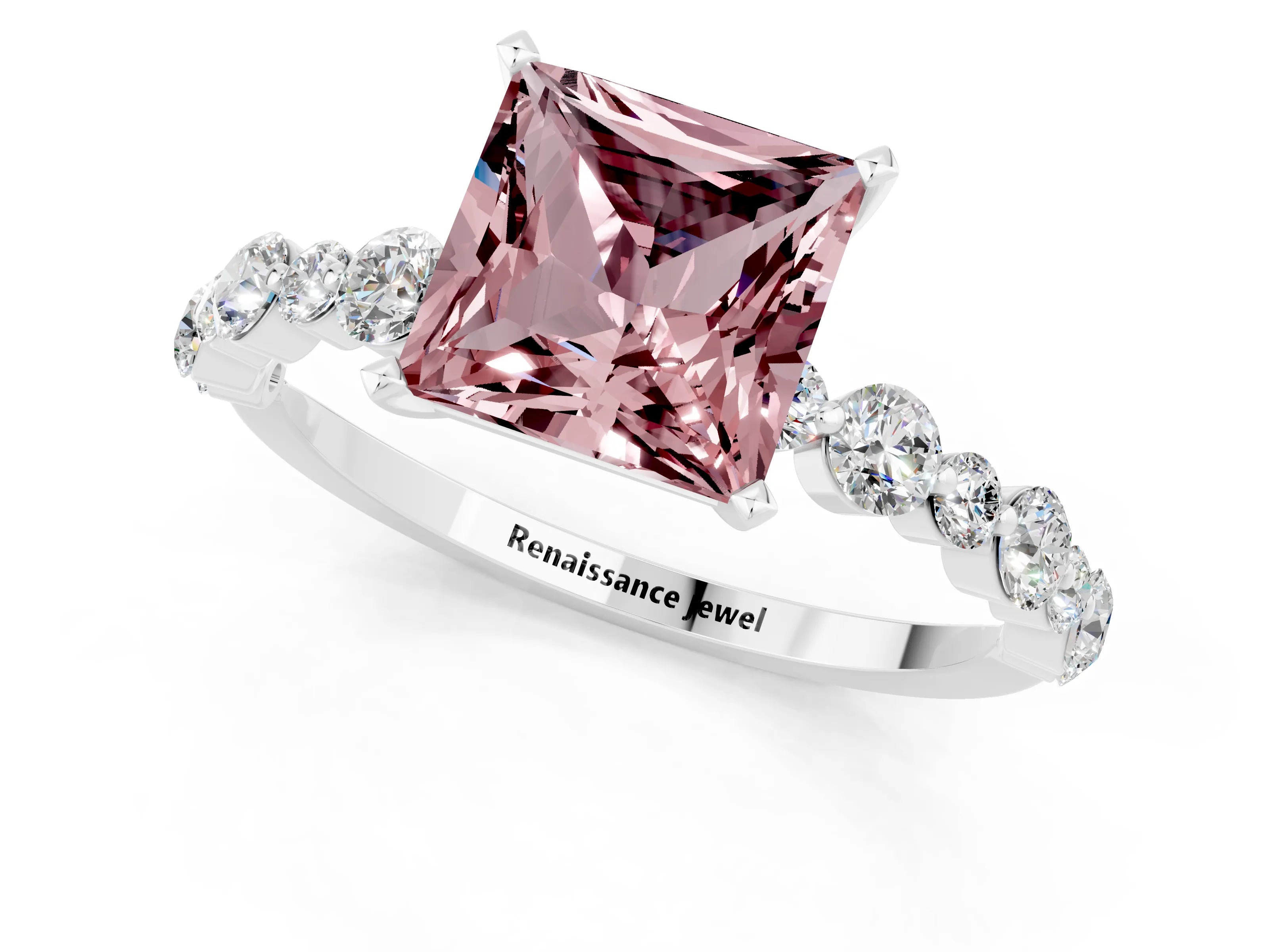 White gold Princess Cut Morganite Prong Set Engagement Ring with Pavé Band_1