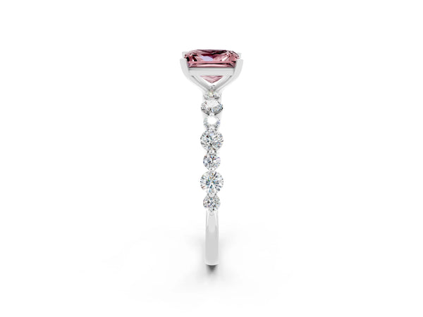 Silver Princess Cut Morganite Prong Set Engagement Ring with Pavé Band