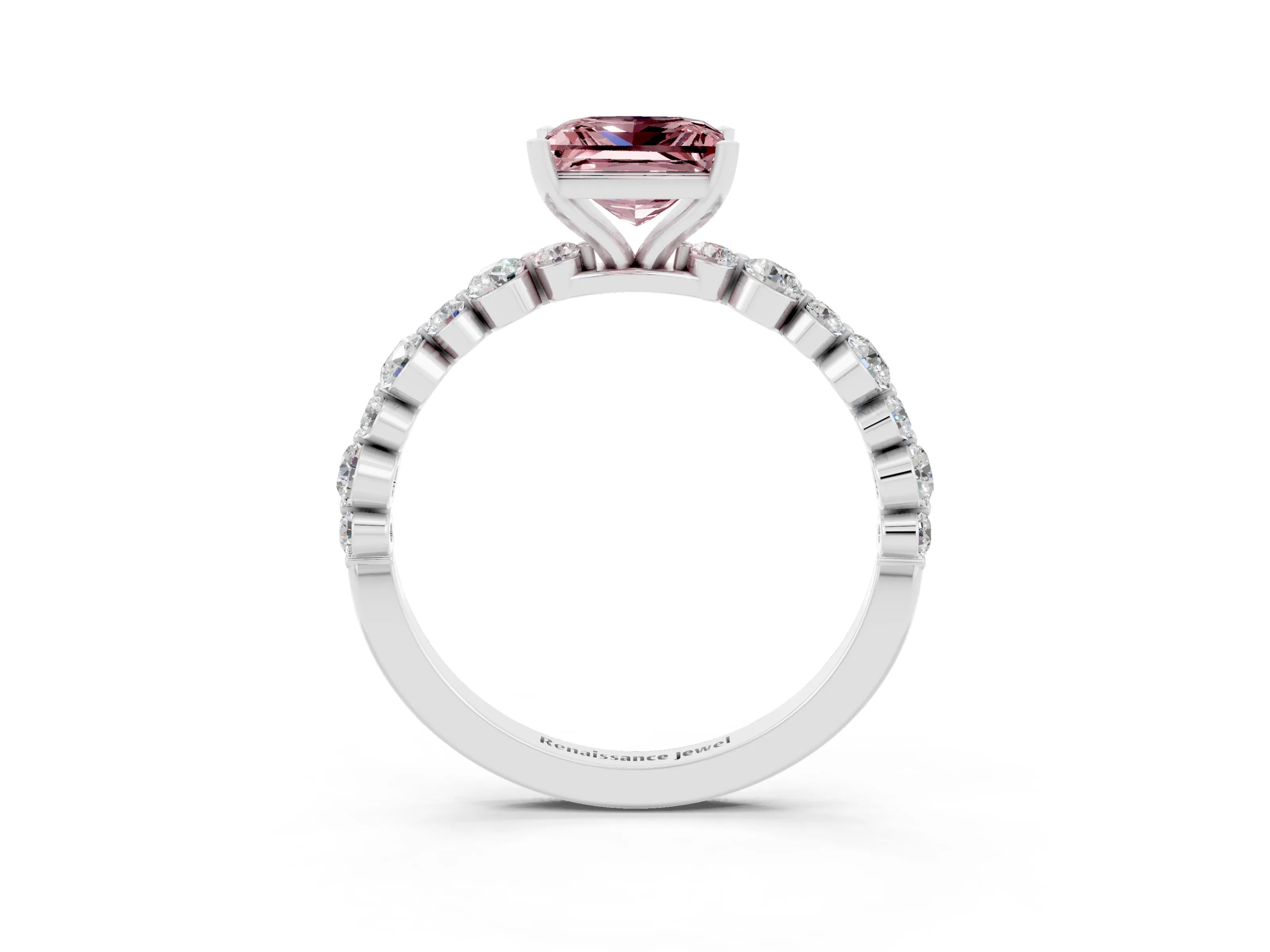 White gold Princess Cut Morganite Prong Set Engagement Ring with Pavé Band_3