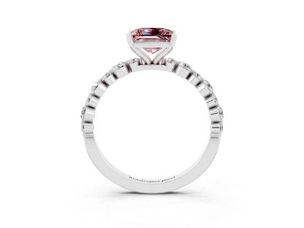 Silver Princess Cut Morganite Prong Set Engagement Ring with Pavé Band