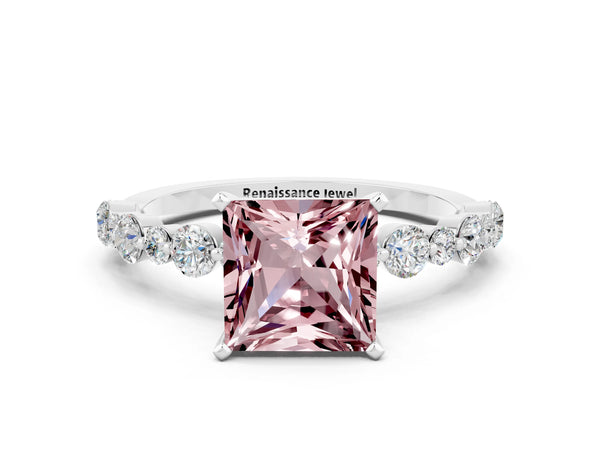 Silver Princess Cut Morganite Prong Set Engagement Ring with Pavé Band