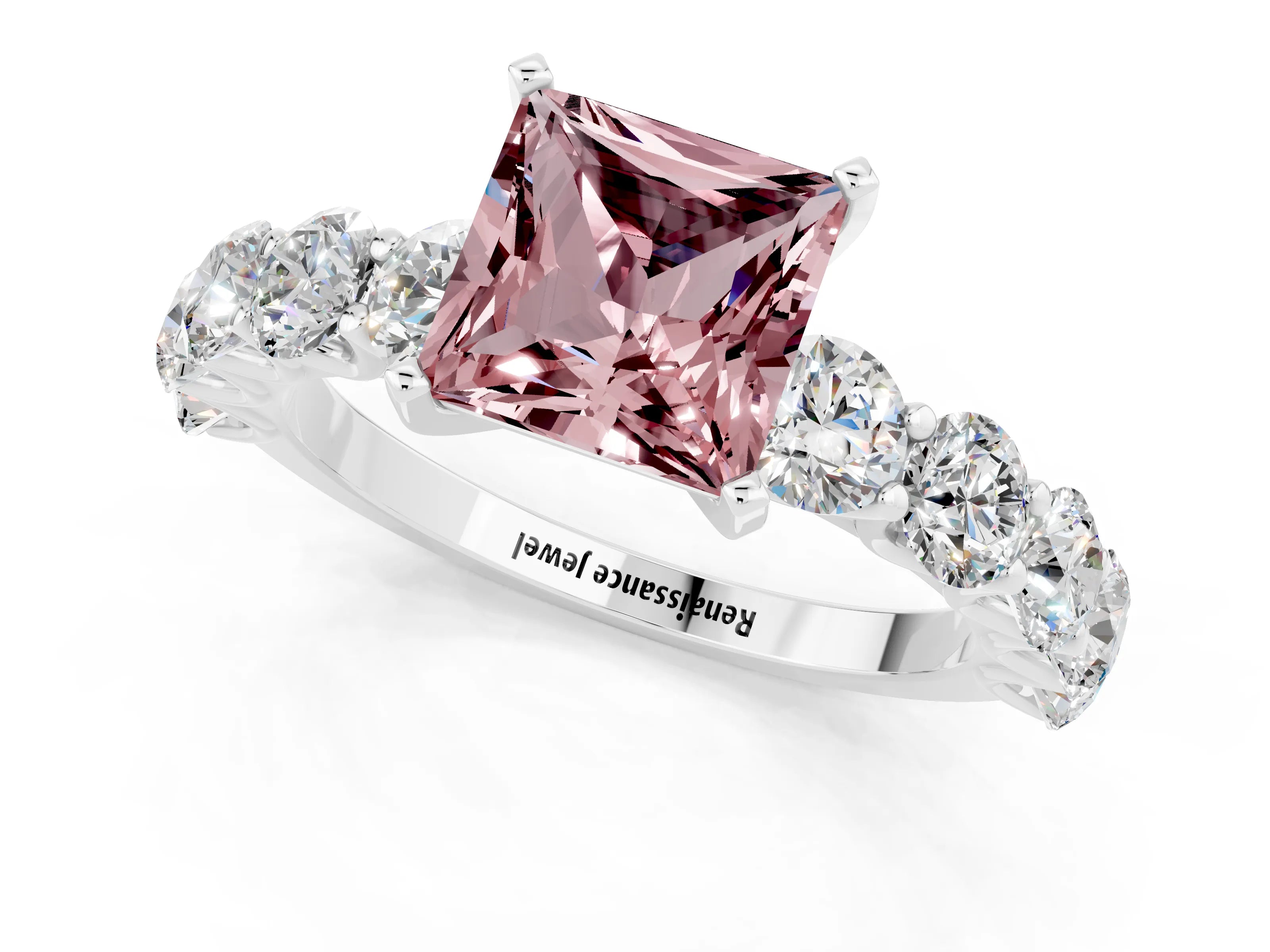 White gold Princess Cut Morganite Prong Setting with Side Stones on a Pave Band_1