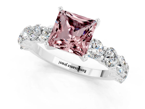 Silver Princess Cut Morganite Prong Setting with Side Stones on a Pave Band
