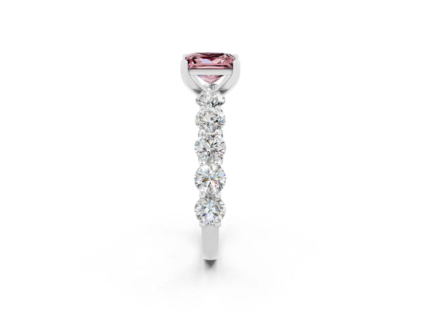 Silver Princess Cut Morganite Prong Setting with Side Stones on a Pave Band