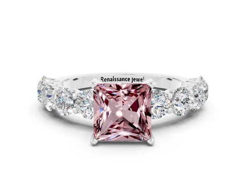 White gold Princess Cut Morganite Prong Setting with Side Stones on a Pave Band