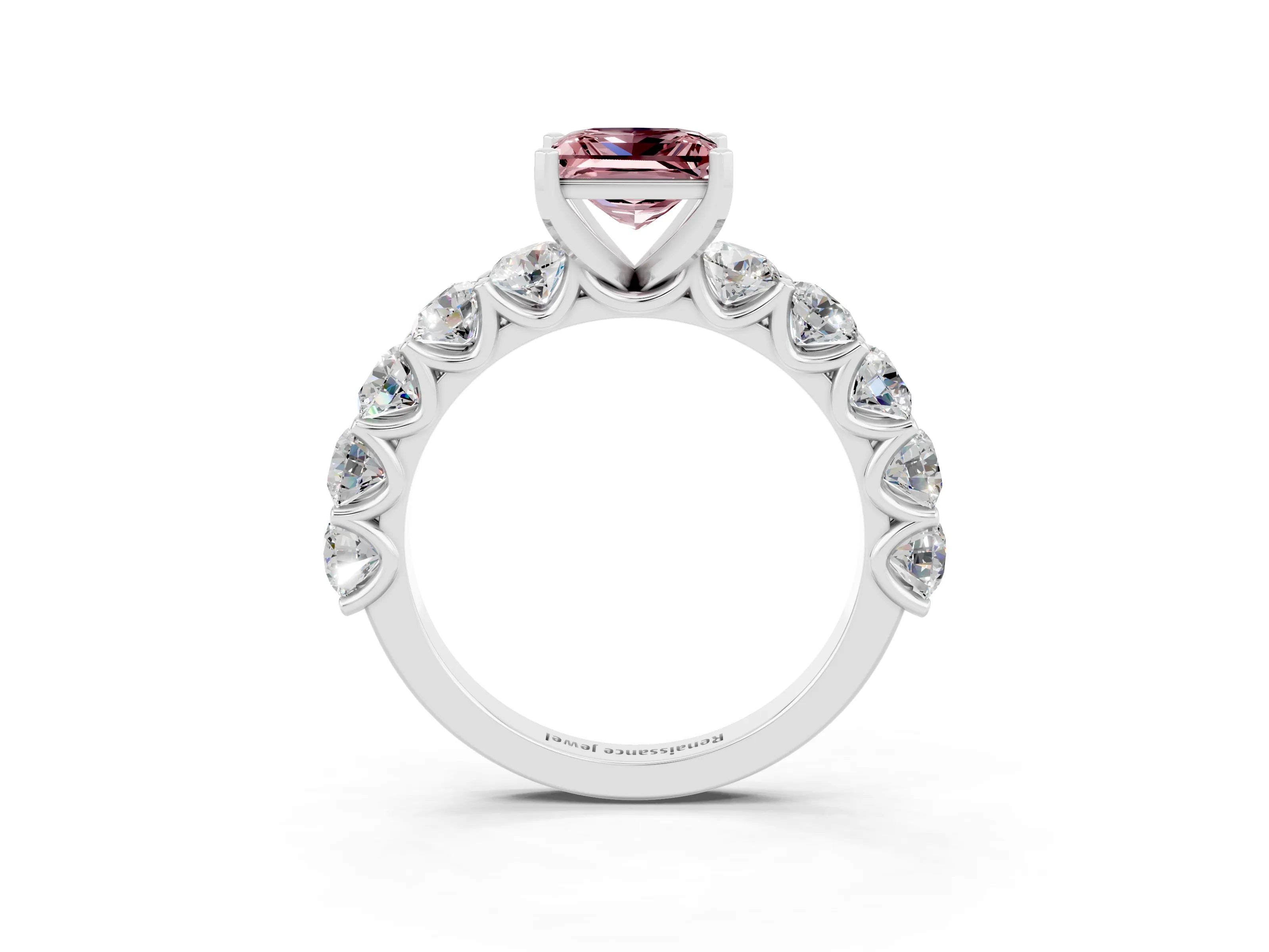 White gold Princess Cut Morganite Prong Setting with Side Stones on a Pave Band_3