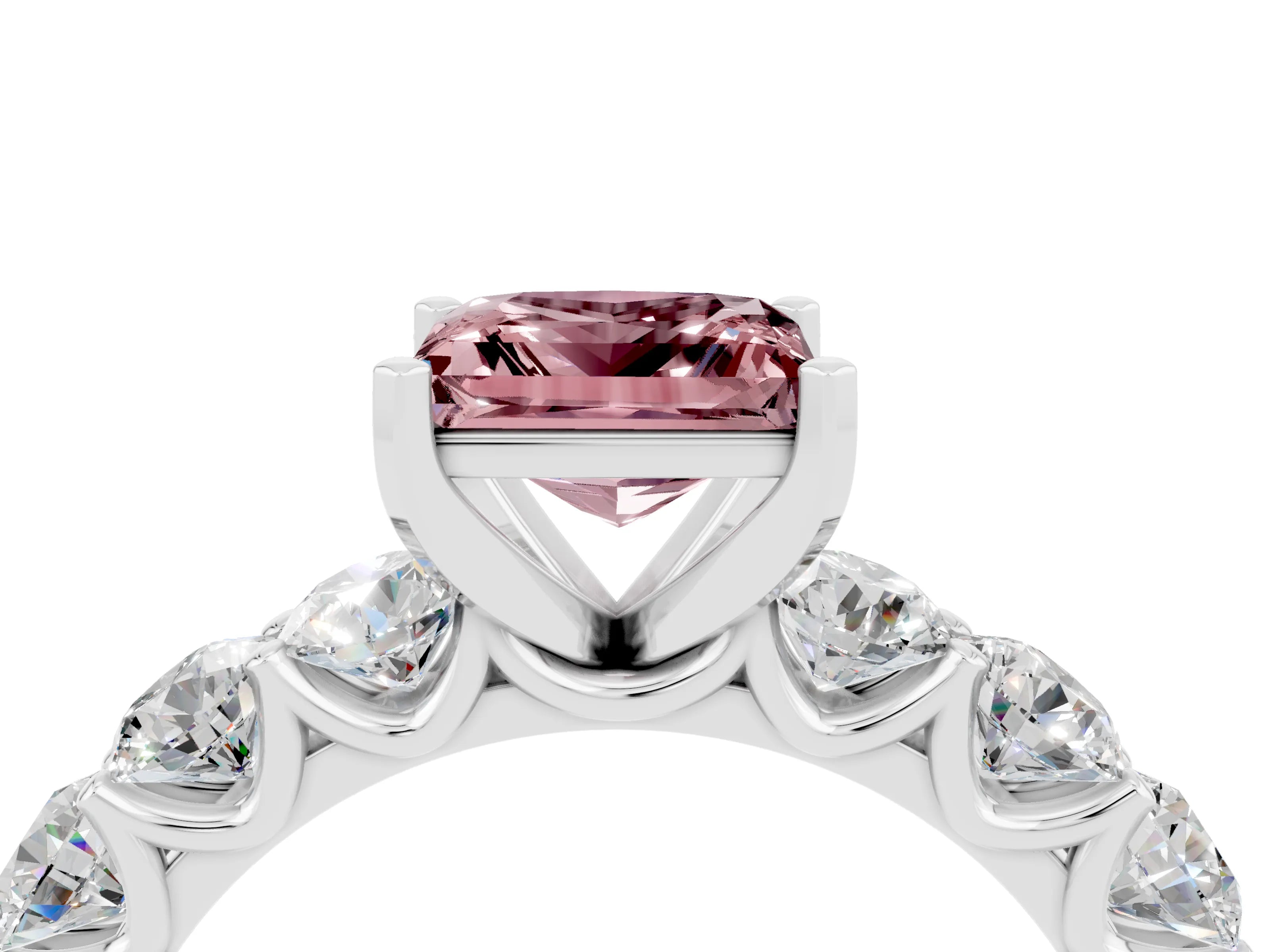 White gold Princess Cut Morganite Prong Setting with Side Stones on a Pave Band_4