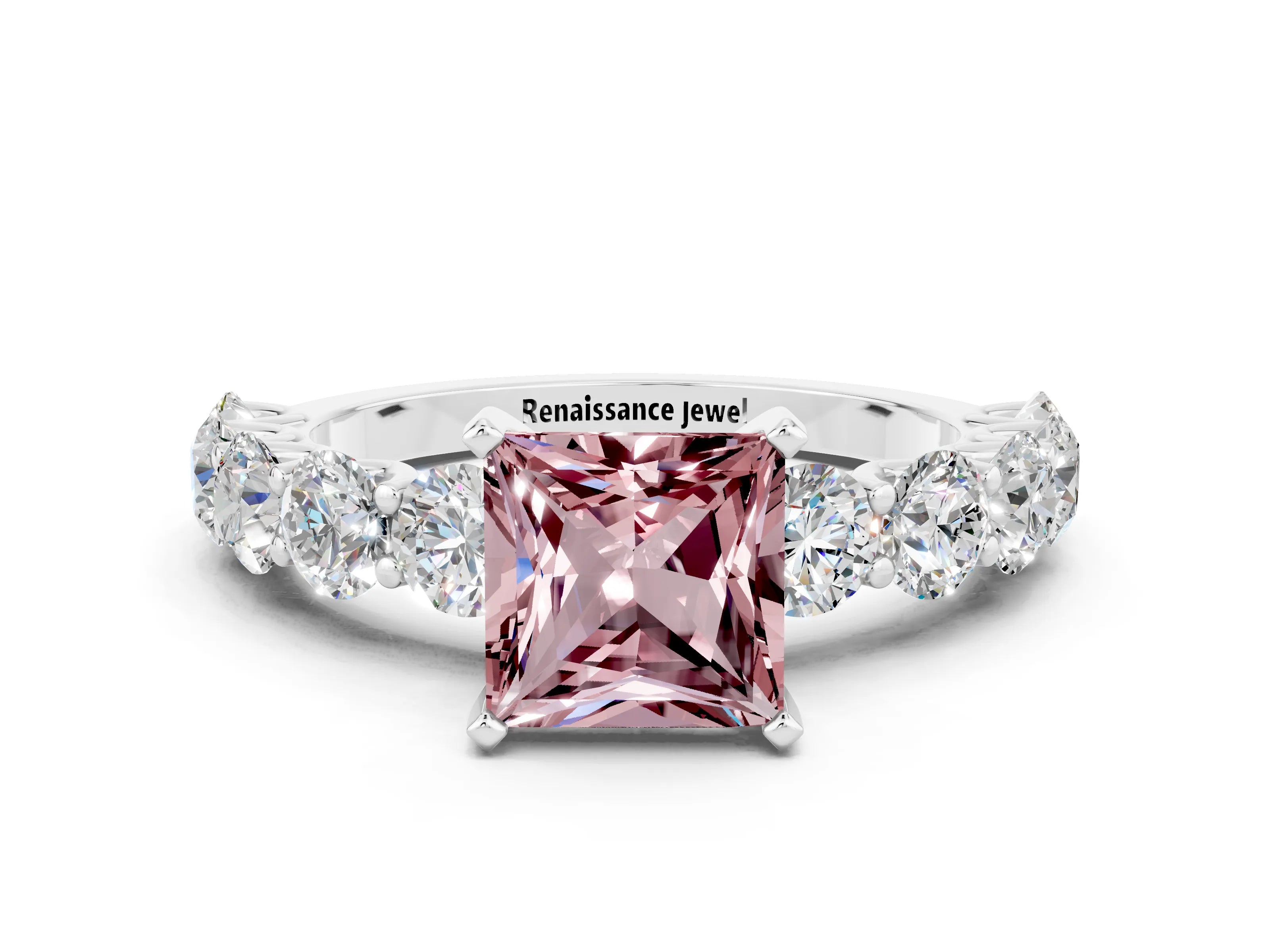White gold Princess Cut Morganite Prong Setting with Side Stones on a Pave Band